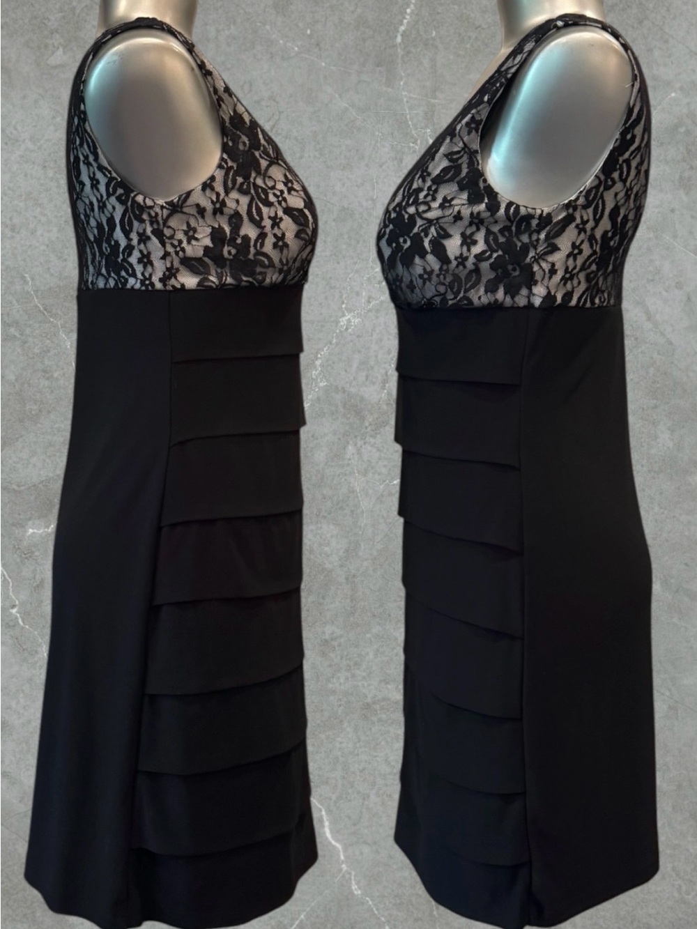 2 for $30 | Jessica Black Lace V-Neck Tiered Petite Dress - Picture 7 of 15